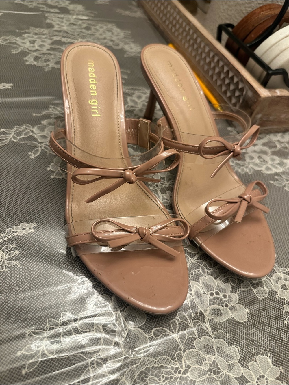 Madden Girl Blush Patent Bow-Trim Slide Heels